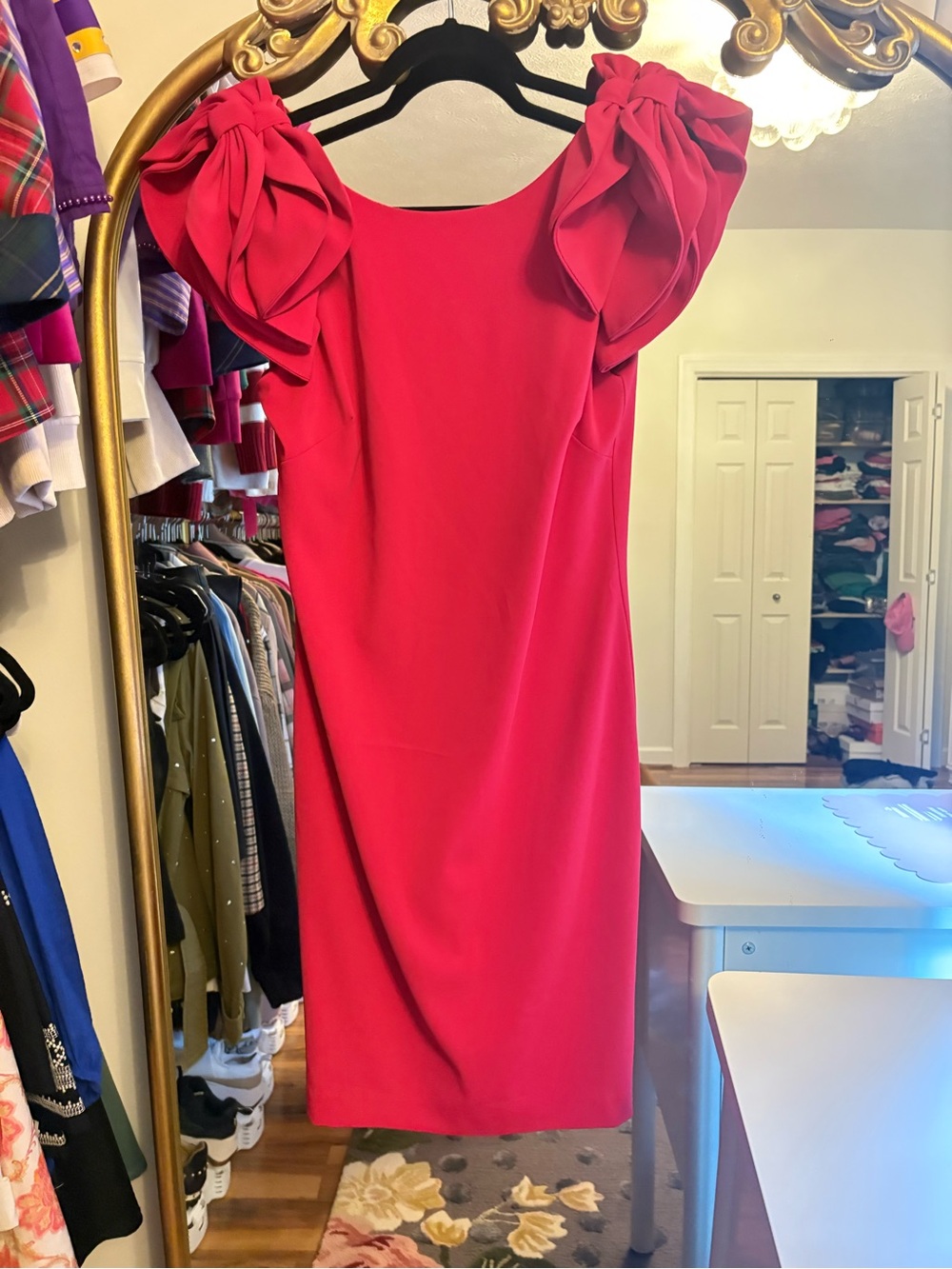 Badgley Mischka Hot Pink red Dress with Statement Bow Shoulders size 10